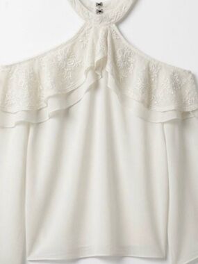 Alice + Olivia Off White Cold-Shoulder Ruffle Neck Lace Detail Blouse: Size L
